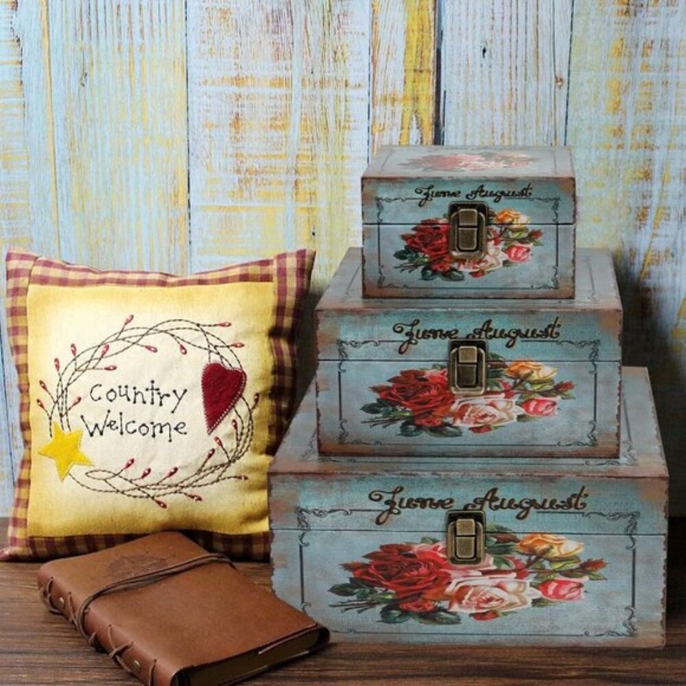 New Set of 3 Wood Storage Box, Vintage Decorative Nesting Crates with Latch